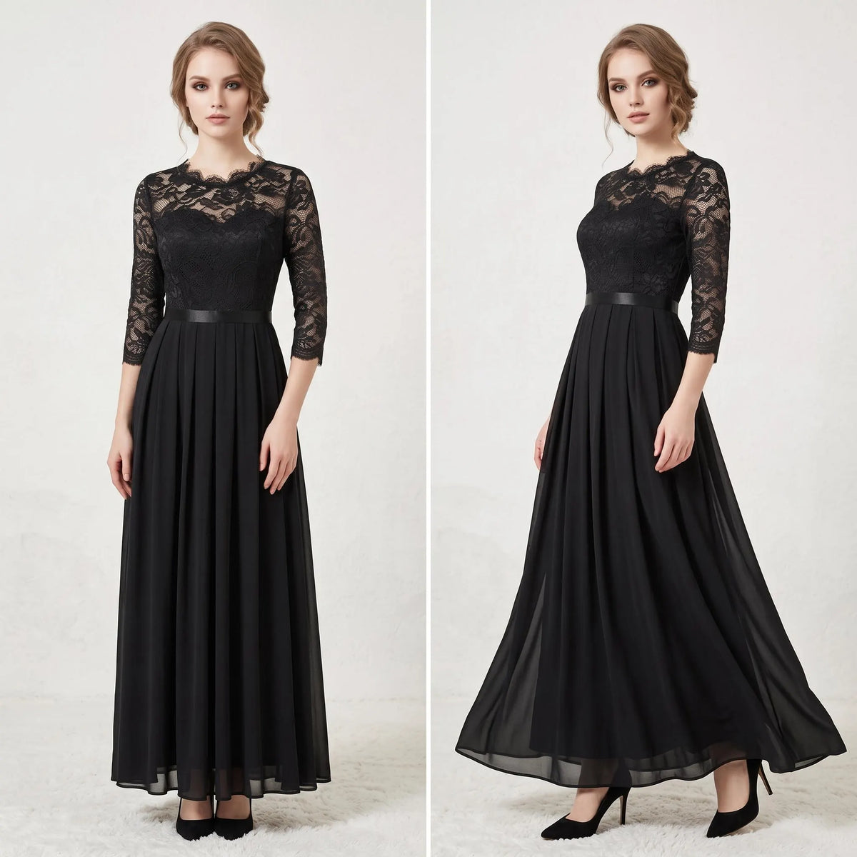 Elegant Black Lace Chiffon Maxi Dress, Long Sleeve Formal Evening Gown, A-Line Pleated Wedding Guest Dress