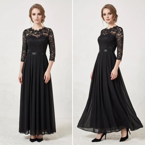 Elegant Black Lace Chiffon Maxi Dress, Long Sleeve Formal Evening Gown, A-Line Pleated Wedding Guest Dress