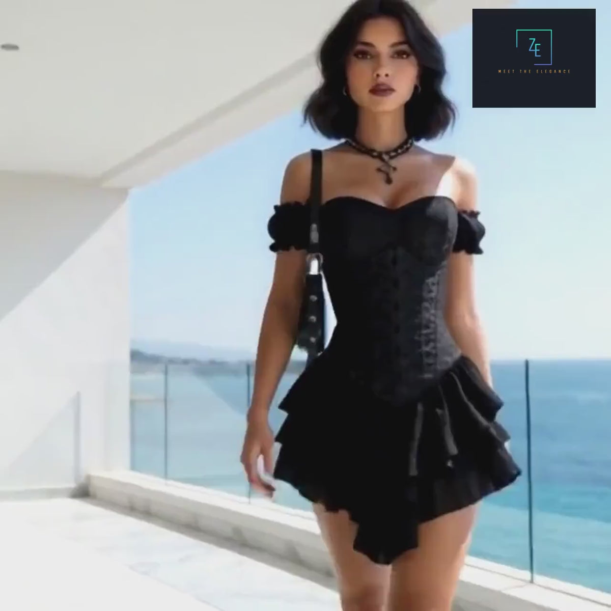 Black Jacquard Corset Mini Dress, Off Shoulder Gothic Party Style