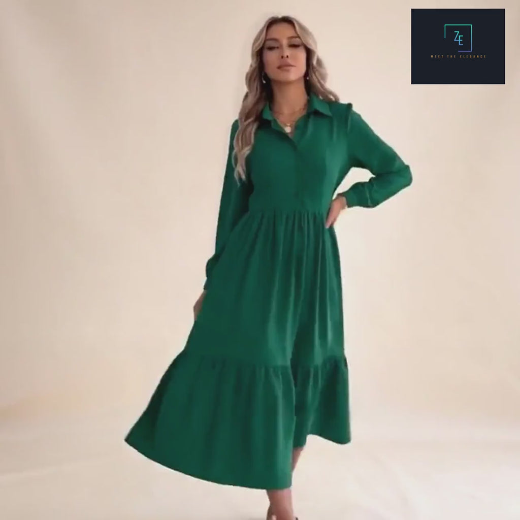 Green Collared Button Front Tiered Midi Dress | Long Sleeve Shirt Dress