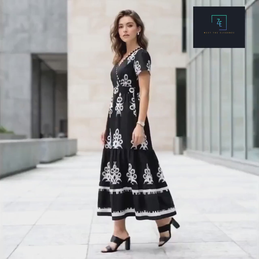 Black White Floral Maxi Dress, Boho V Neck Wrap Tiered Dress