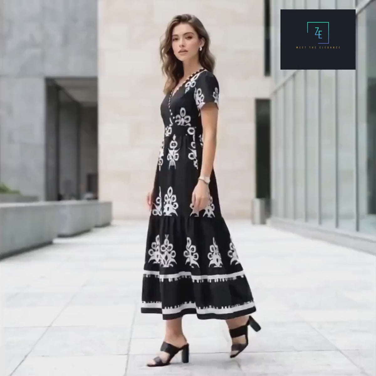 Black White Floral Maxi Dress, Boho V Neck Wrap Tiered Dress